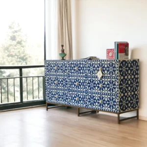 Blue and White Bone Inlay Geometric Pattern Chest of Drawers