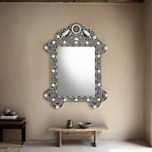 Bone Inlay Ornate Mirror with Floral and Bird Motifs