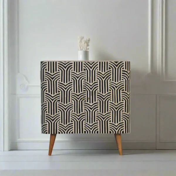 Bone Inlay Two-Door Cabinet with Repeating Geometric Pattern