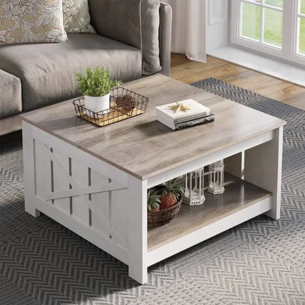 Modern Farmhouse Square Wood Coffee Table with Storage